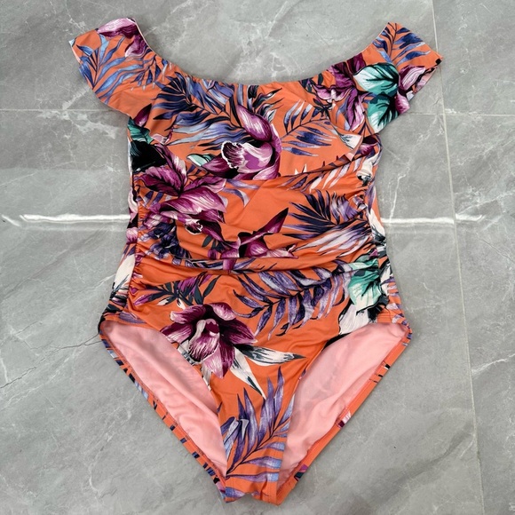 Women’s Liz Claiborne Floral Ruffle Ruched Padded One Piece Swimsuit Size 12 - Picture 3 of 16
